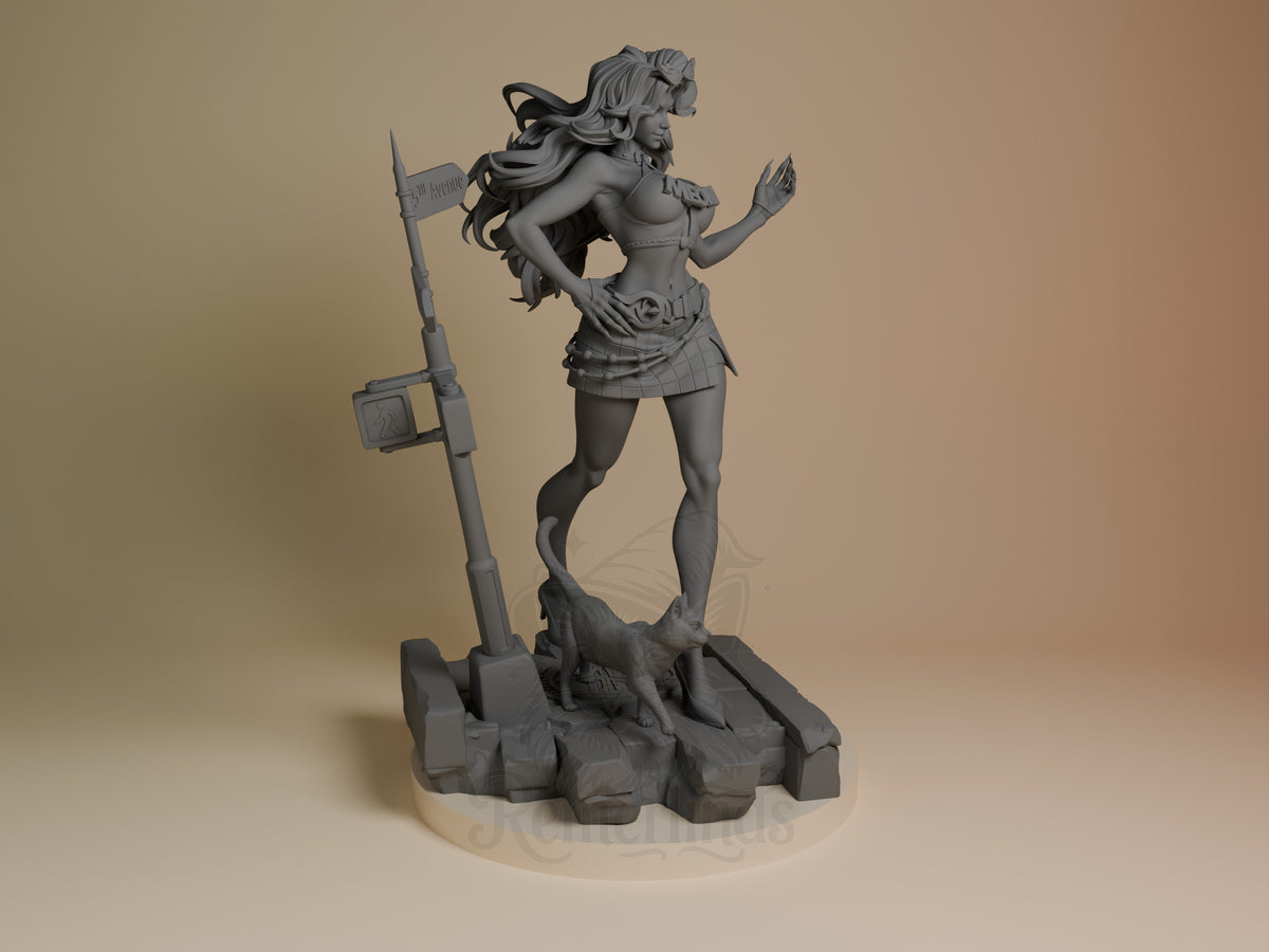 Midnight Thief resin figure from Super Rivals shown from the right side, unpainted gray, standing on rocky base with staff weapon, dynamic pose.