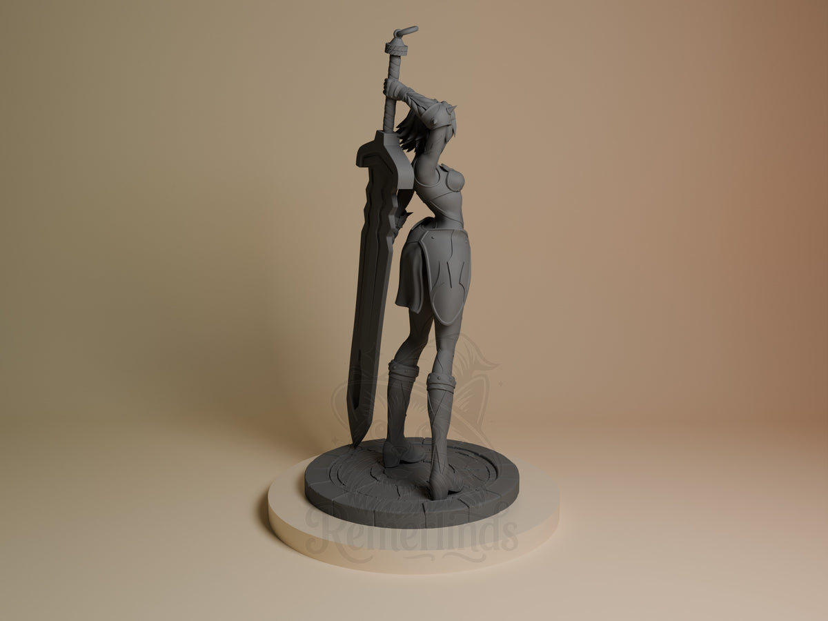 Black Rose resin figure from .Hack shown from behind, standing with large sword raised, unpainted gray finish on circular base.