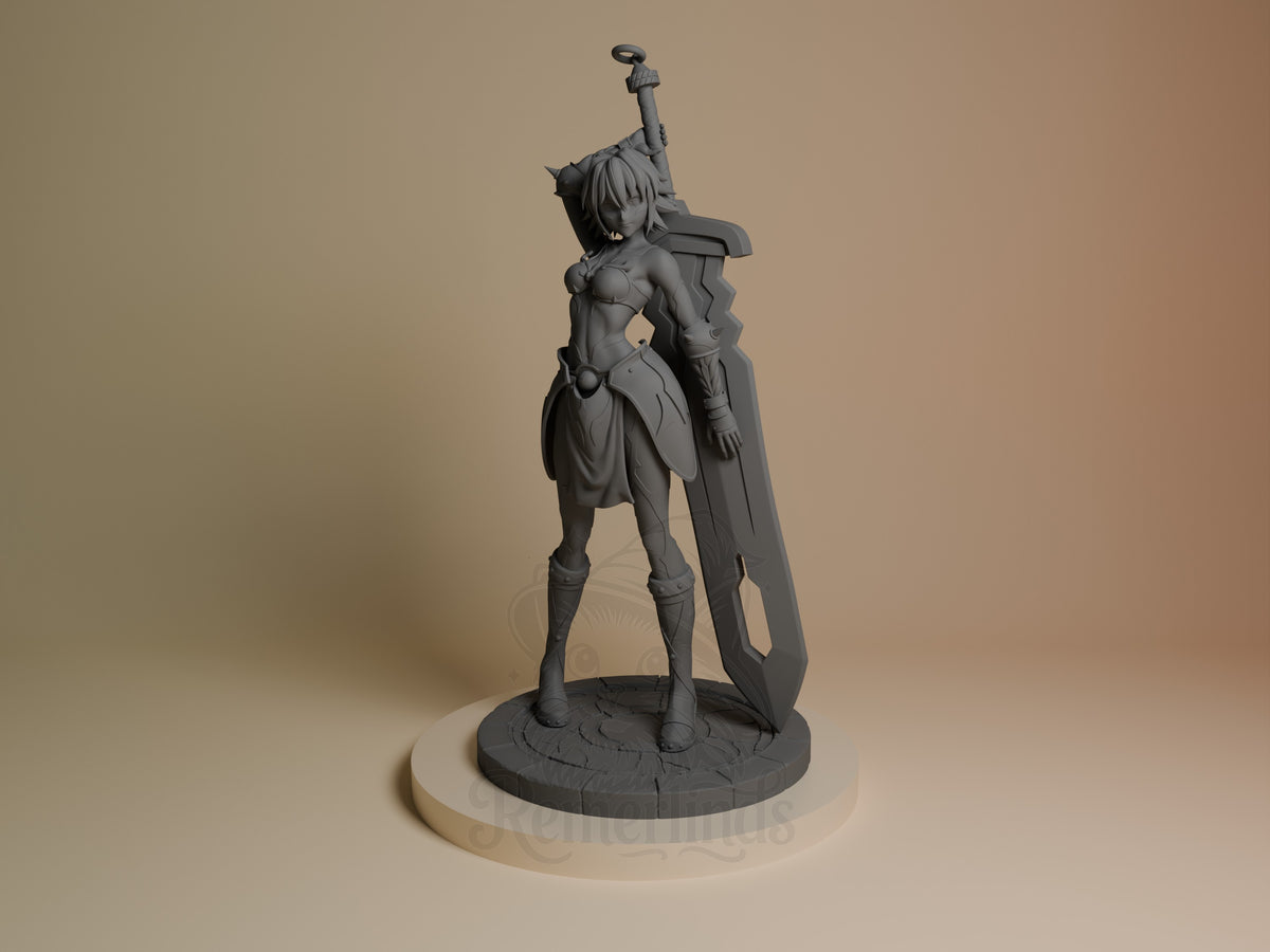 Black Rose resin figure from .Hack standing on circular base, holding large sword overhead, front three-quarter view, unpainted gray resin.