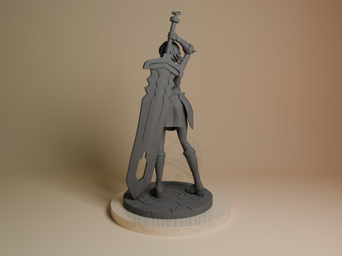 Black Rose resin figure from .Hack stands triumphantly on circular base, wielding large sword overhead, unpainted gray finish visible from left angle.