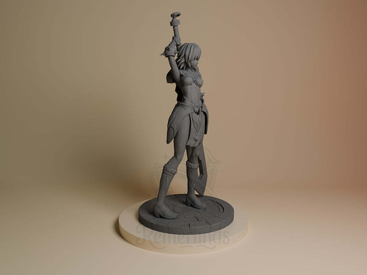 Black Rose resin figure from .Hack standing with sword raised, shown from right side on circular base, unpainted gray finish.