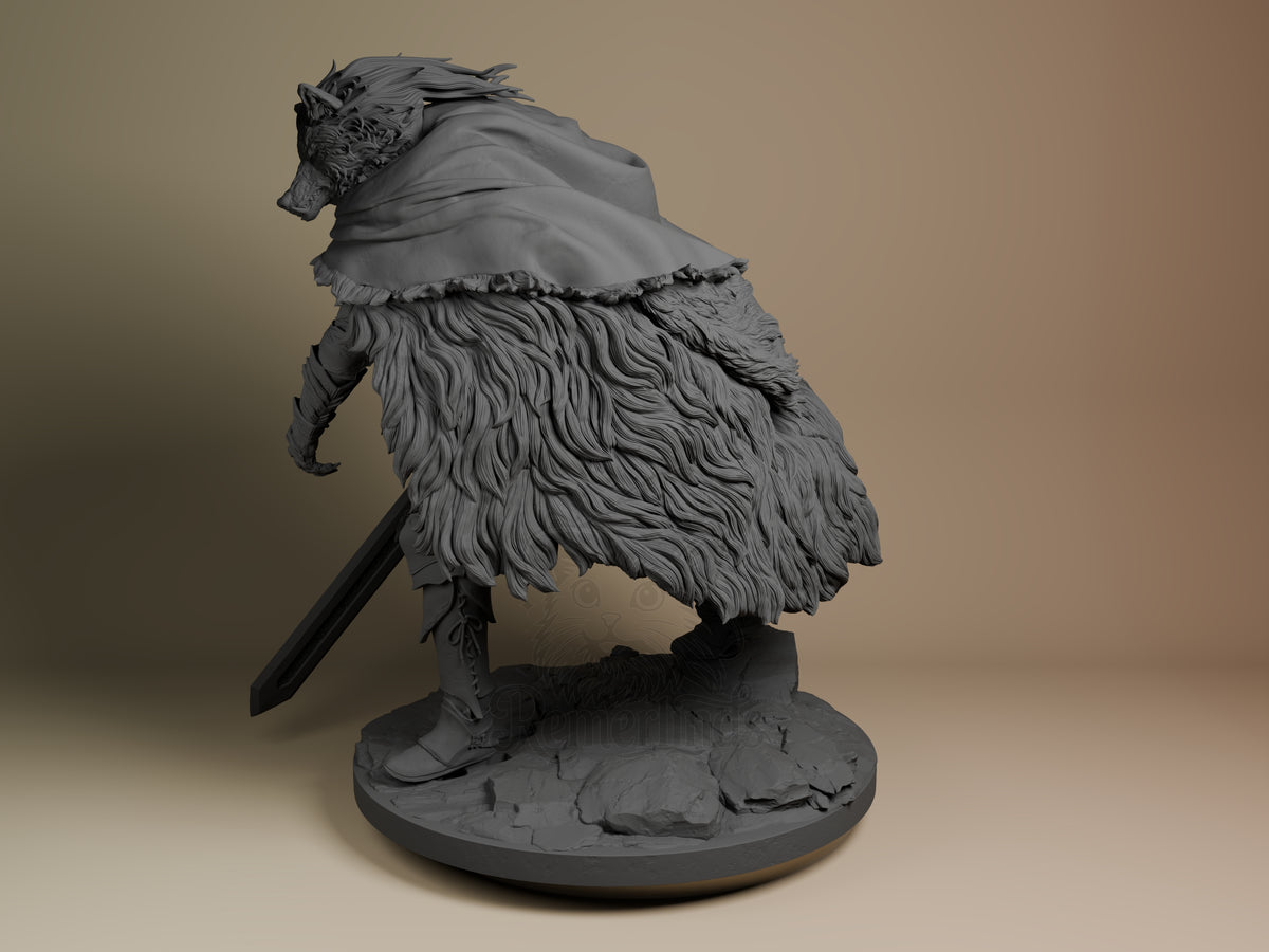 Blaidd resin figure from Elden Ring shown from side angle, unpainted gray, wearing tattered cloak and holding sword, on rocky base.