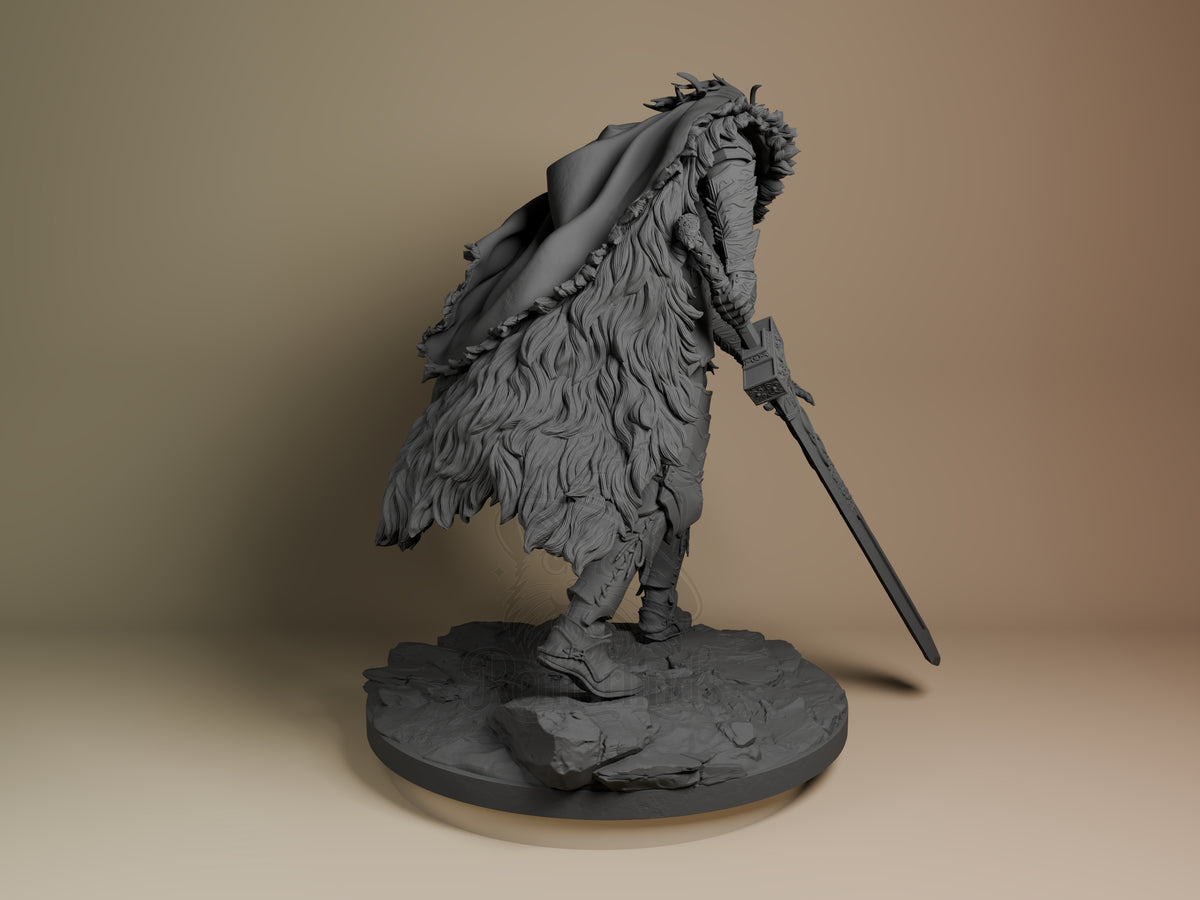 Blaidd resin figure from Elden Ring shown from back, unpainted gray, wielding sword, flowing mane visible, mounted on rocky base.