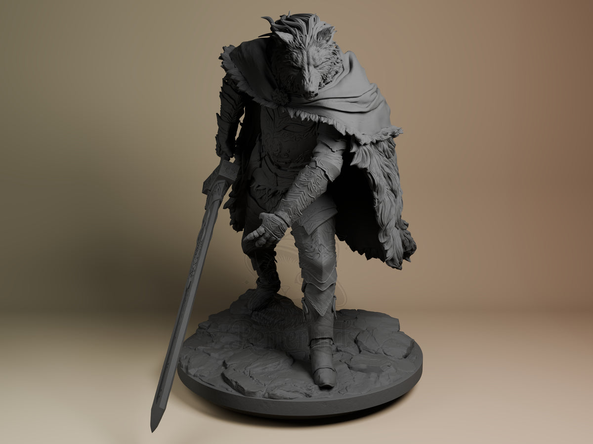 Blaidd resin figure from Elden Ring in unpainted gray, front view, standing on textured base with sword, wearing tattered cloak and armor.
