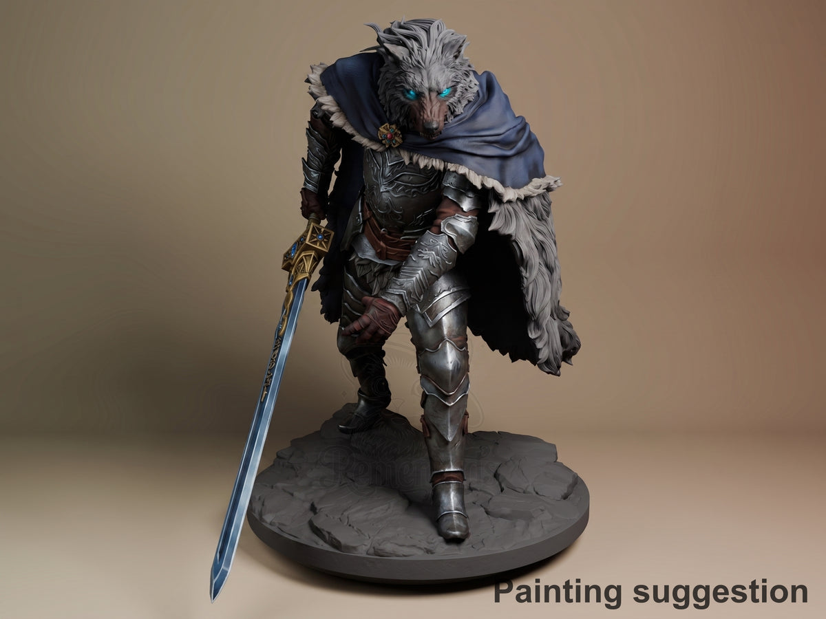 Blaidd resin figure from Elden Ring standing on dark base, wielding blue sword, wearing ornate black armor with fur cape and glowing blue eyes, painted.
