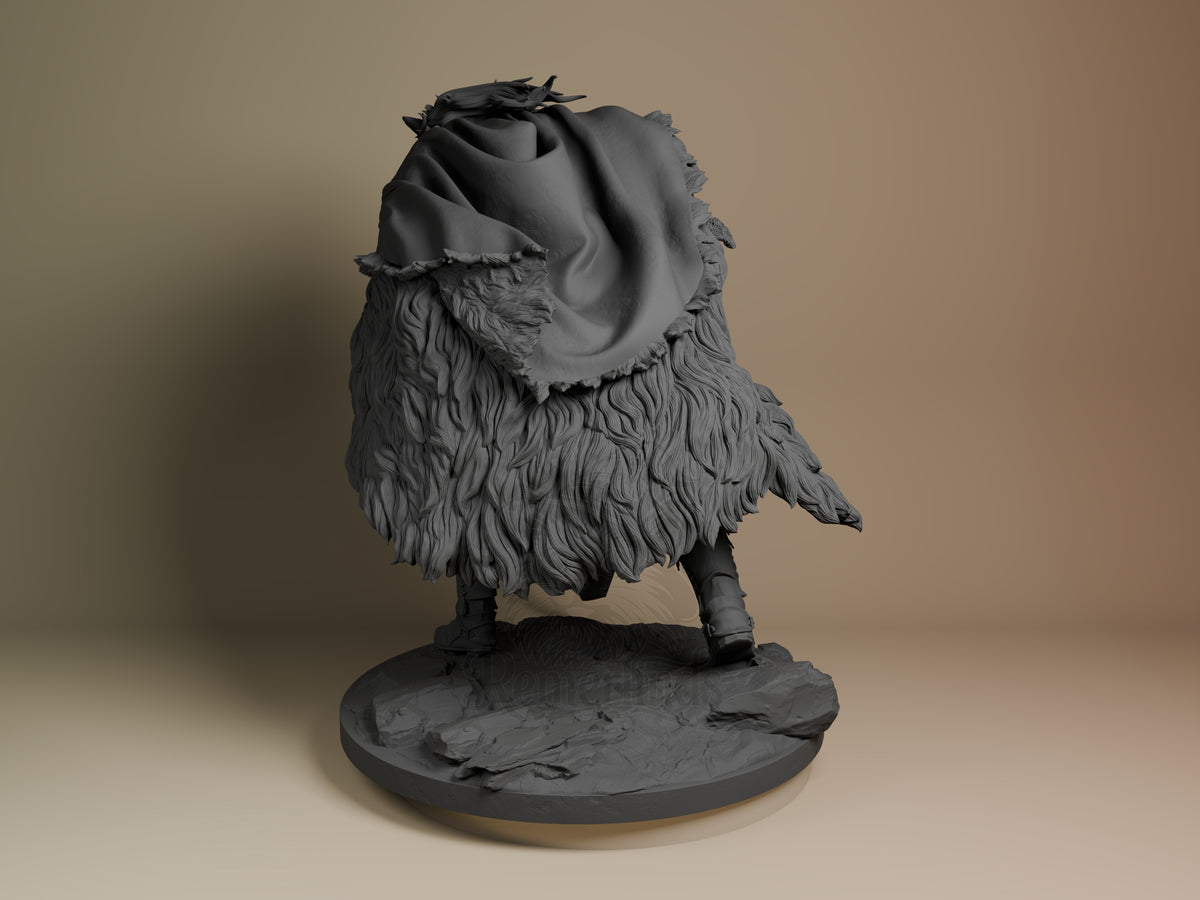 Blaidd resin figure from Elden Ring, unpainted gray, shown from left angle standing on textured base with shaggy fur detail and flowing cape.