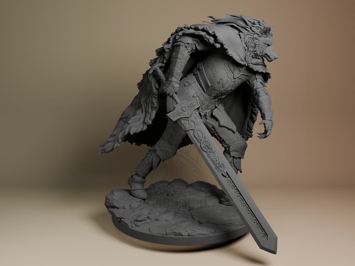 Blaidd resin figure from Elden Ring shown from the right side, unpainted gray, wielding a greatsword with ornate detailing, on a rocky base.