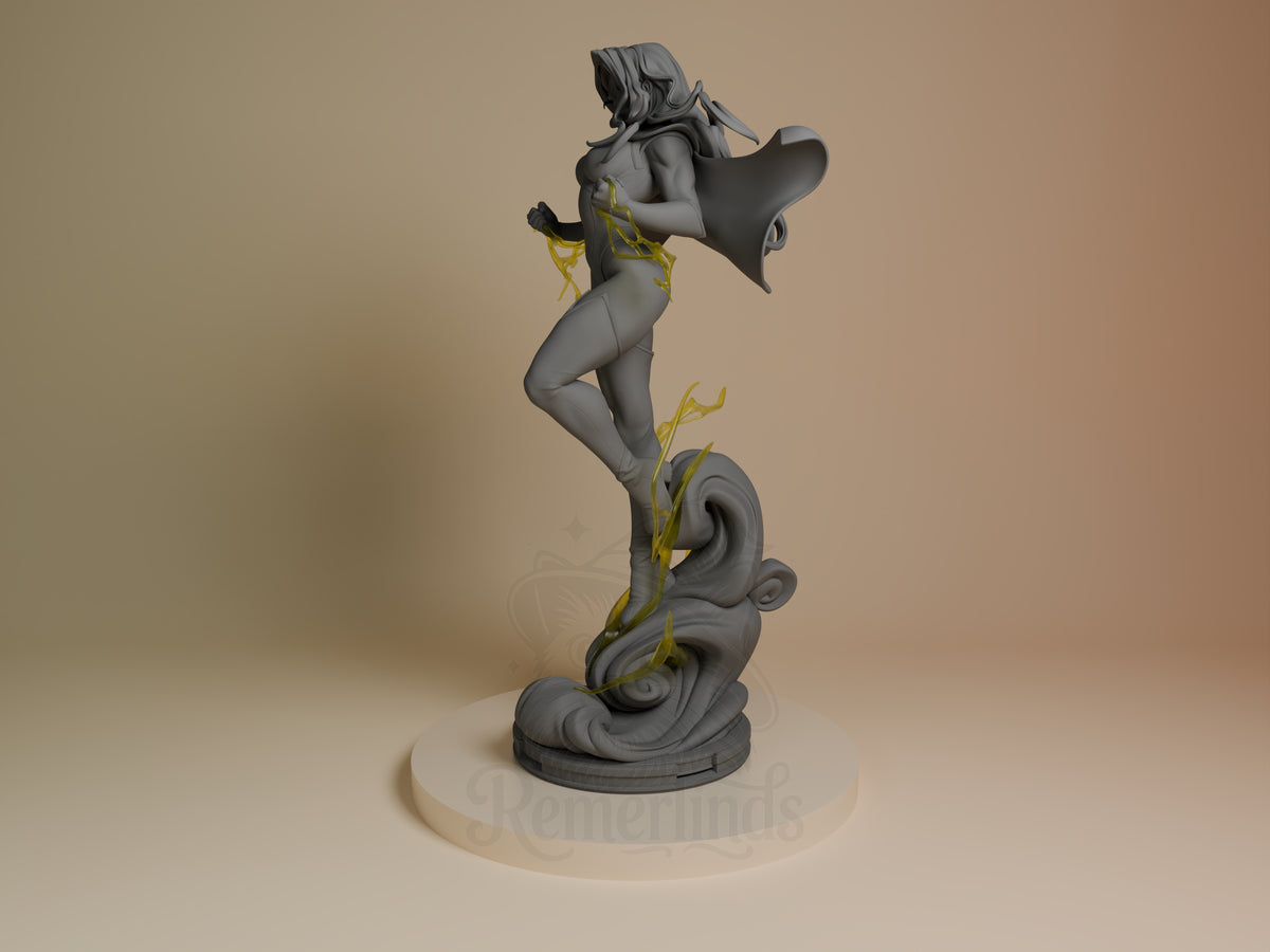 Blonde Blazer from Dispatch appears in side view as a mostly unpainted resin figure with yellow accents, cape, and sculpted,.