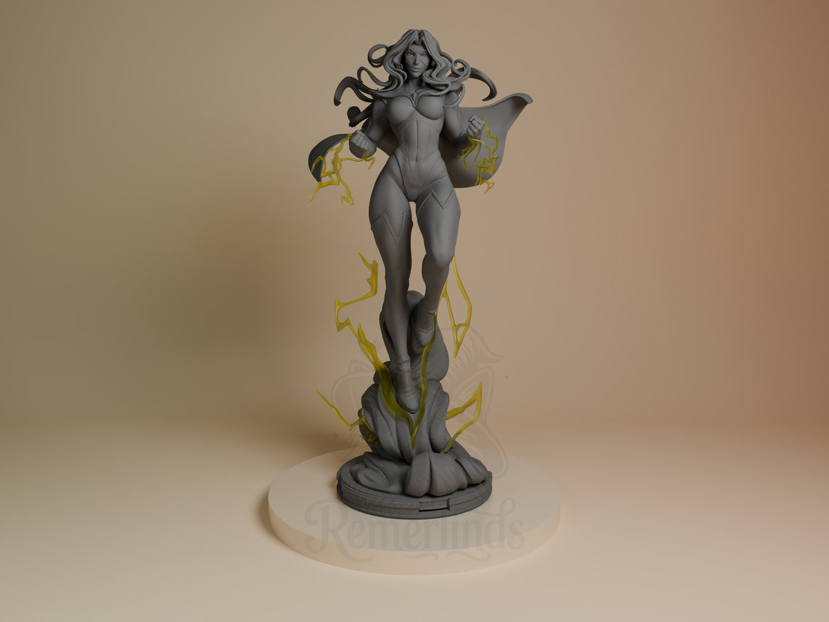 Front-facing unpainted resin figure of Blonde Blazer from Dispatch stands on a sculpted base with raised arms.