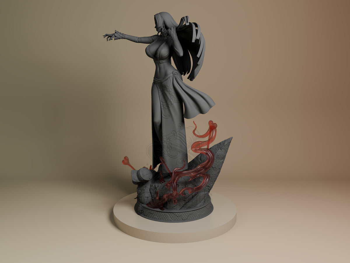 Angled view shows Boa Hancock from One Piece as an unpainted resin figure with a sculpted base.
