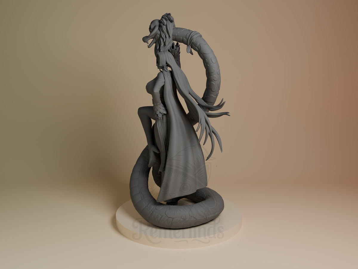 Angled view shows Boa Hancock from One Piece, an unpainted resin figure kneeling above a coiled serpent base.