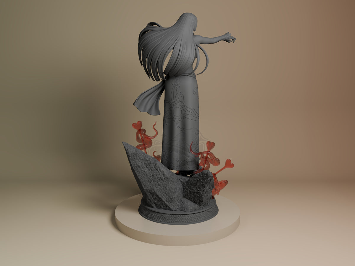 Back view of Boa Hancock from One Piece, an unpainted resin figure with flowing hair on a sculpted rocky base.
