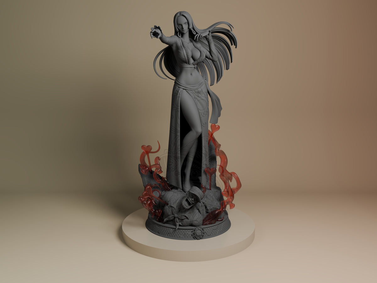 Front view of Boa Hancock from One Piece, an unpainted resin figure pointing above a sculpted base.