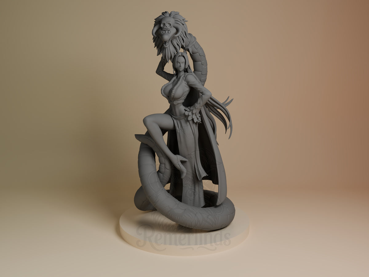 Front view of unpainted Boa Hancock resin figure from One Piece kneeling with a snake base.