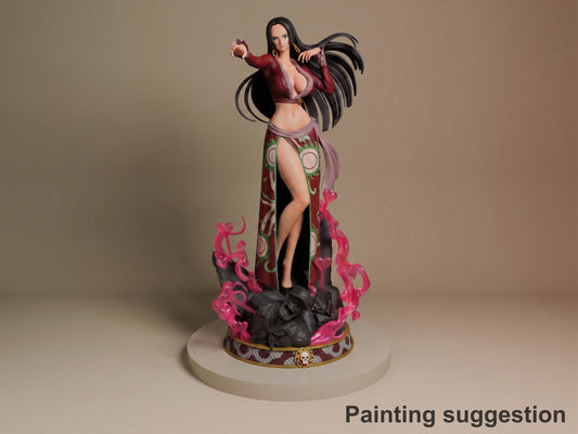 Boa Hancock resin figure painted in red and black outfit, posed pointing forward with flowing hair, decorative base, shown from front angle.