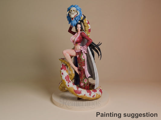 Boa Hancock resin figure from One Piece, painted in red and pink outfit, holding her blue-haired snake companion, posed on circular base.