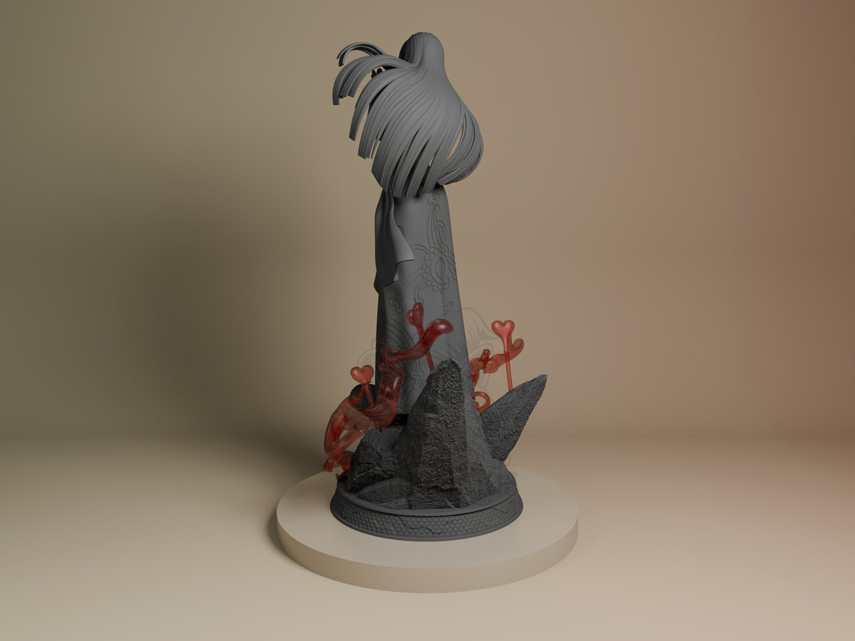 Left-side view of Boa Hancock from One Piece as an unpainted resin figure with long hair and sculpted rocky base.
