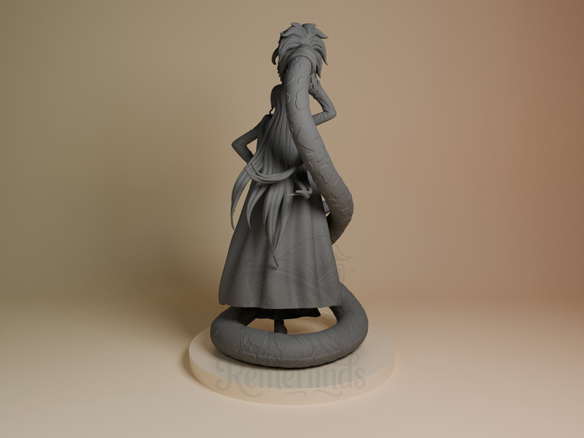Boa Hancock from One Piece is rear-facing, an unpainted resin figure posing over a snake base.