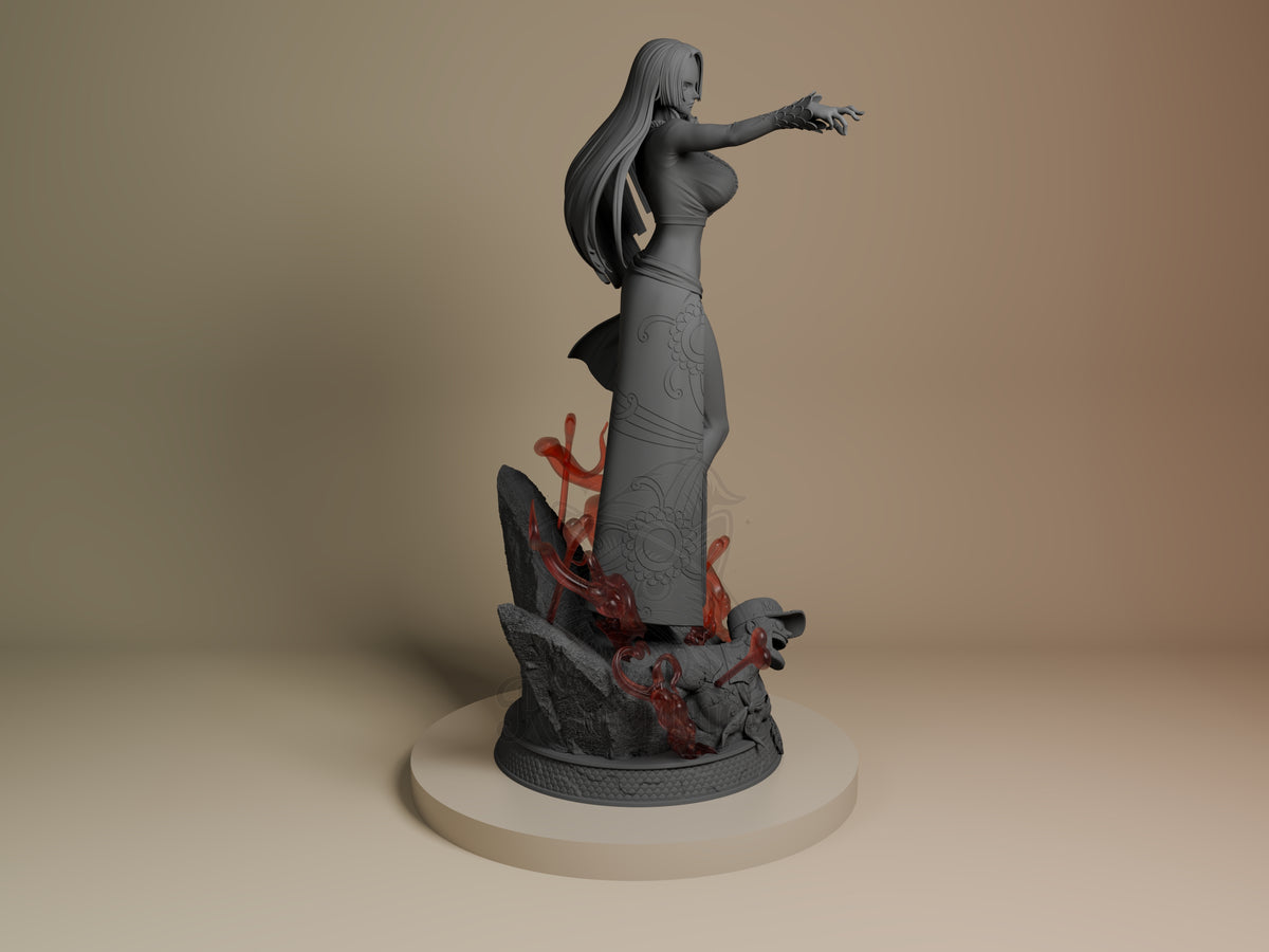 Right-side view of Boa Hancock from One Piece, an unpainted resin figure reaching forward on a sculpted base.