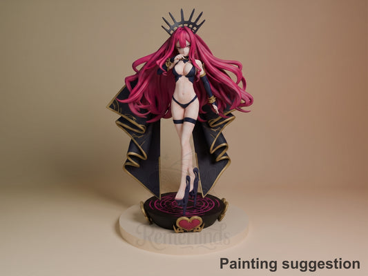 Dark Bounty Warden resin figure from Destiny Oath, front-facing pose on decorative base, magenta hair, black and gold outfit, fully painted.