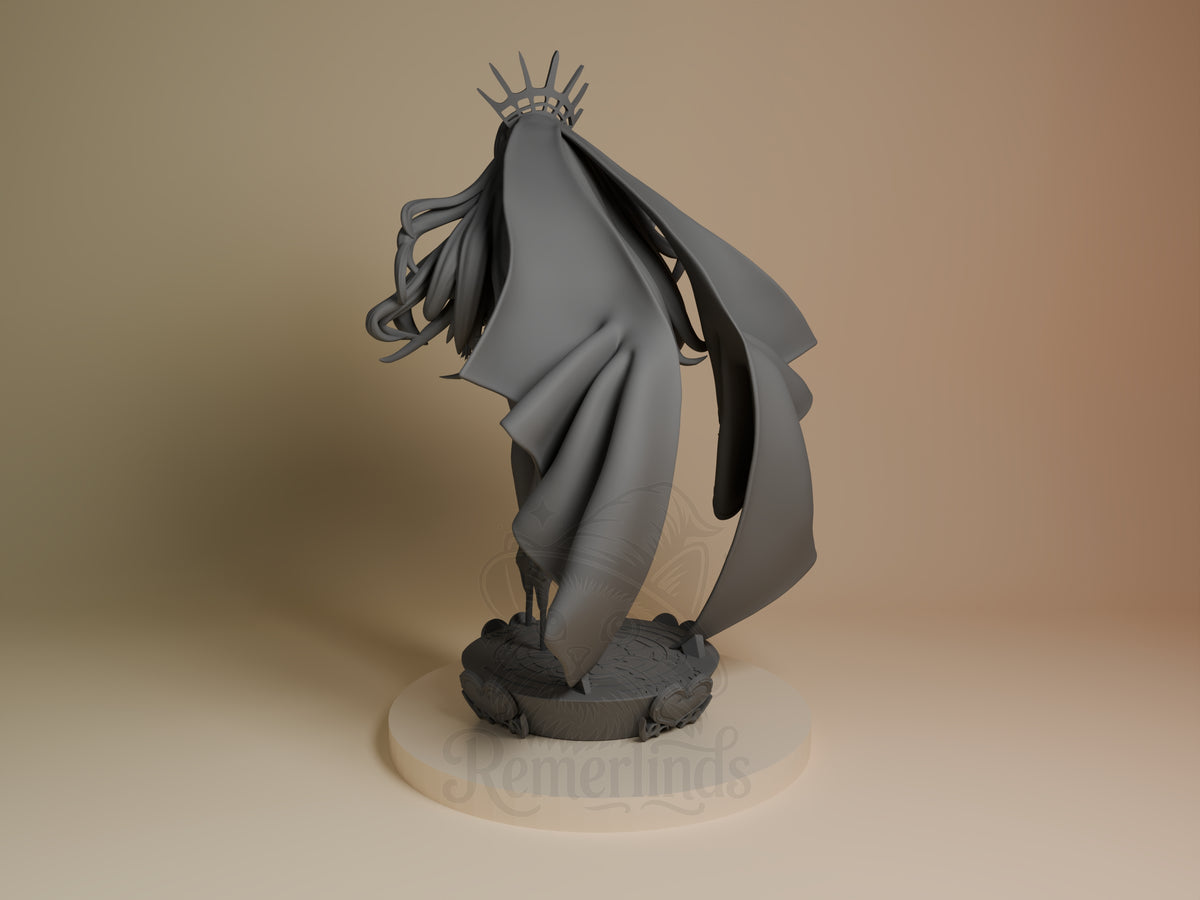 Dark Bounty Warden from Destiny Oath, a rear-view unpainted resin figure with flowing cloak on a sculpted base.