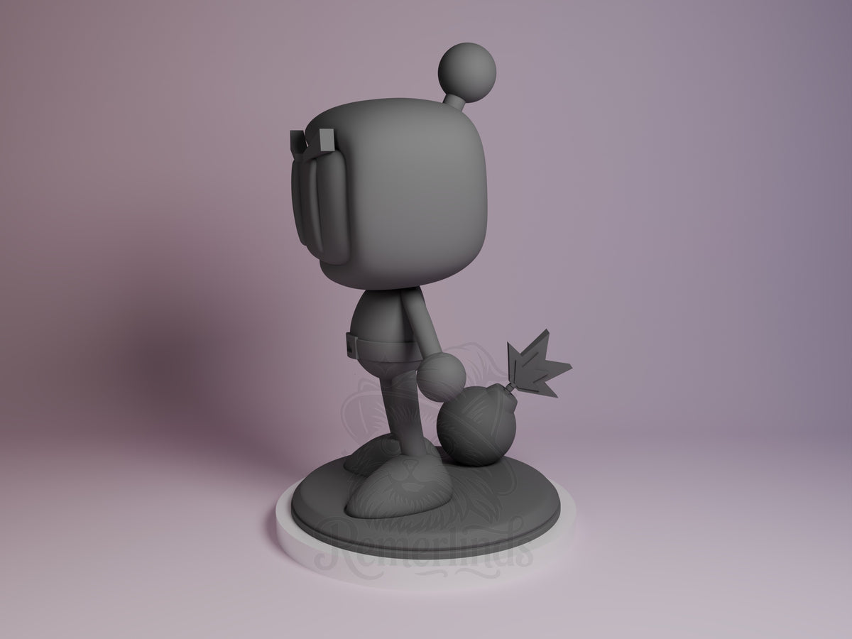 Blast from Clash resin Chibi figure shown at angle, unpainted gray prototype with round body, small character beside it on circular base.