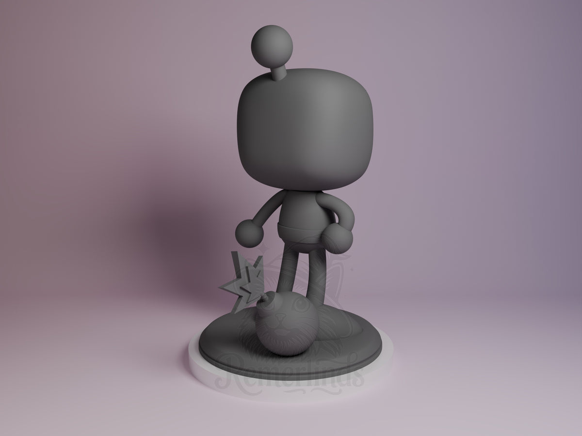 Blast from Clash resin Chibi figure shown from back, standing on circular base with dynamic pose, unpainted gray finish.