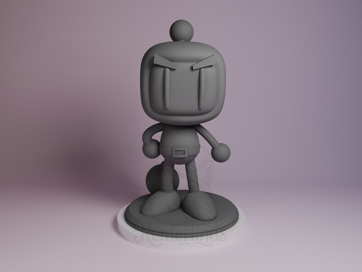 Blast from Clash resin Chibi figure viewed from front, unpainted gray with squared head, angry expression, standing pose on circular base.