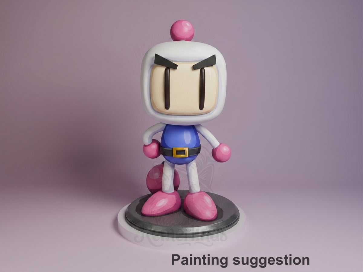 Painted resin Chibi figure of Bomberman from Clash, standing on circular base with pink gloved fists raised, blue outfit, white rounded head with angry expression, pink pom-pom on top.