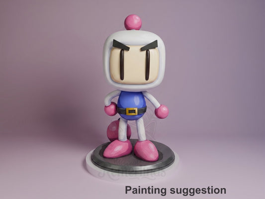 Painted resin Chibi figure of Bomberman from Clash, standing on circular base with pink gloved fists raised, blue outfit, white rounded head with angry expression, pink pom-pom on top.