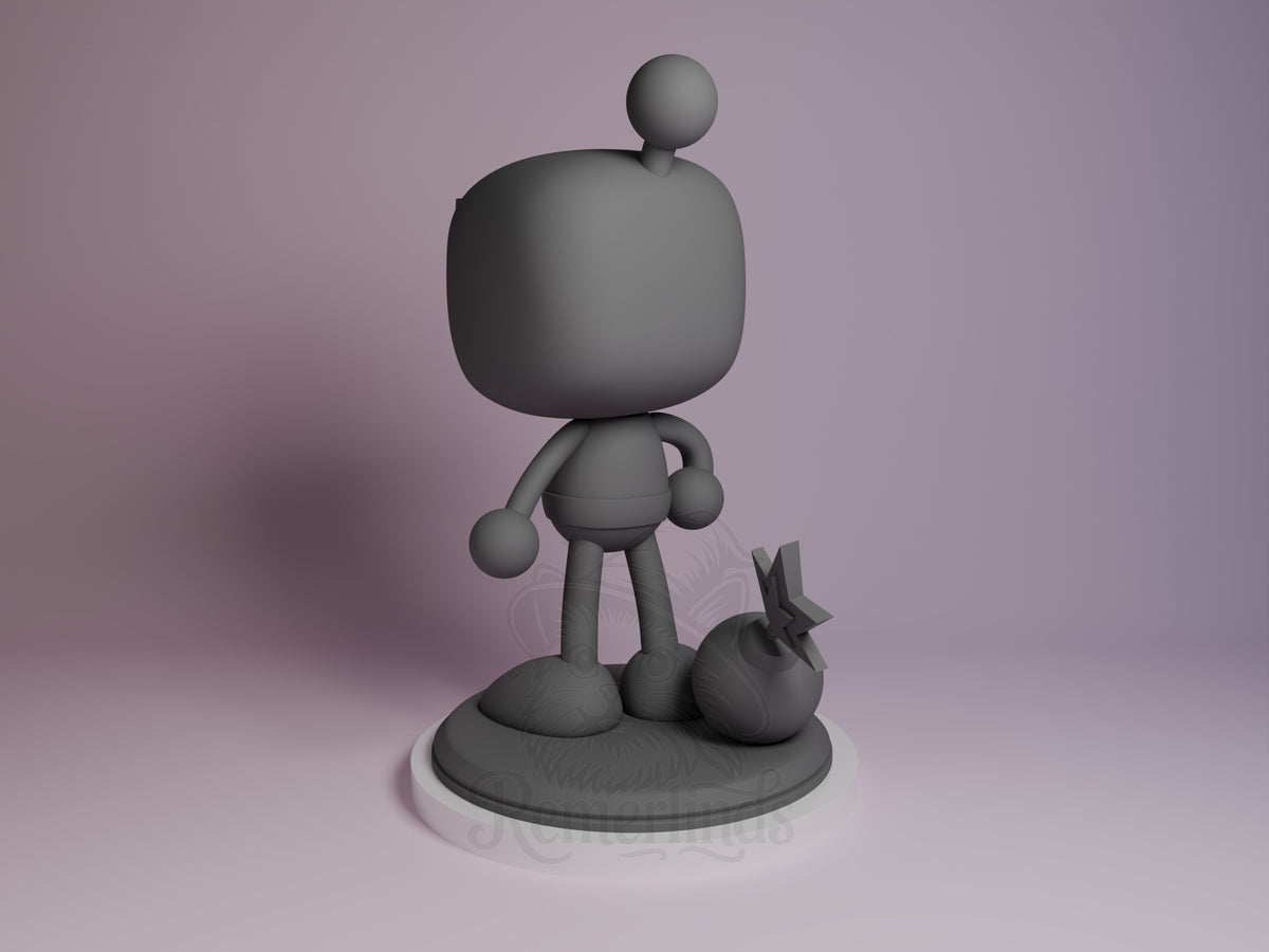 Gray unpainted resin Chibi figure from Clash standing on circular base with small companion, viewed from front-left angle.