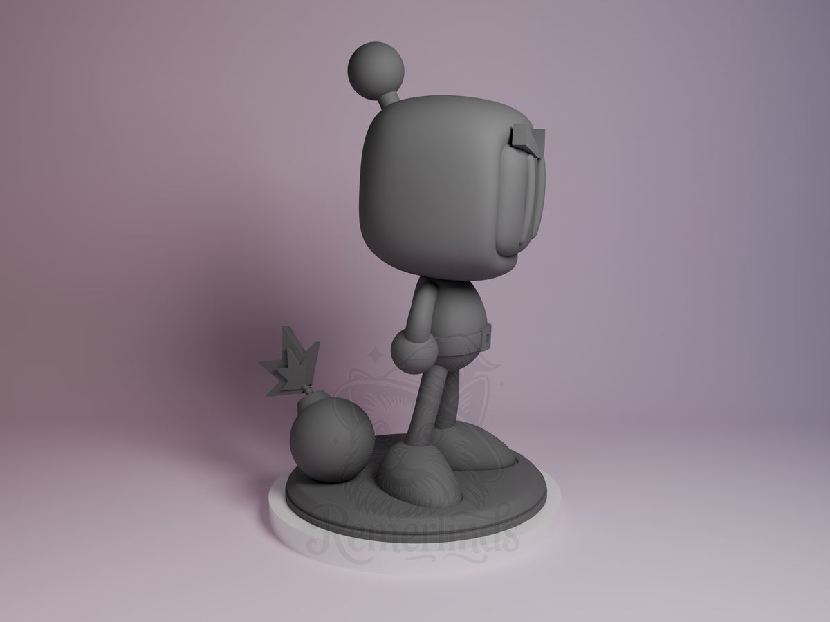 Gray unpainted resin Chibi figure from Clash standing on circular base with spiky ball, shown from right side angle against purple background.