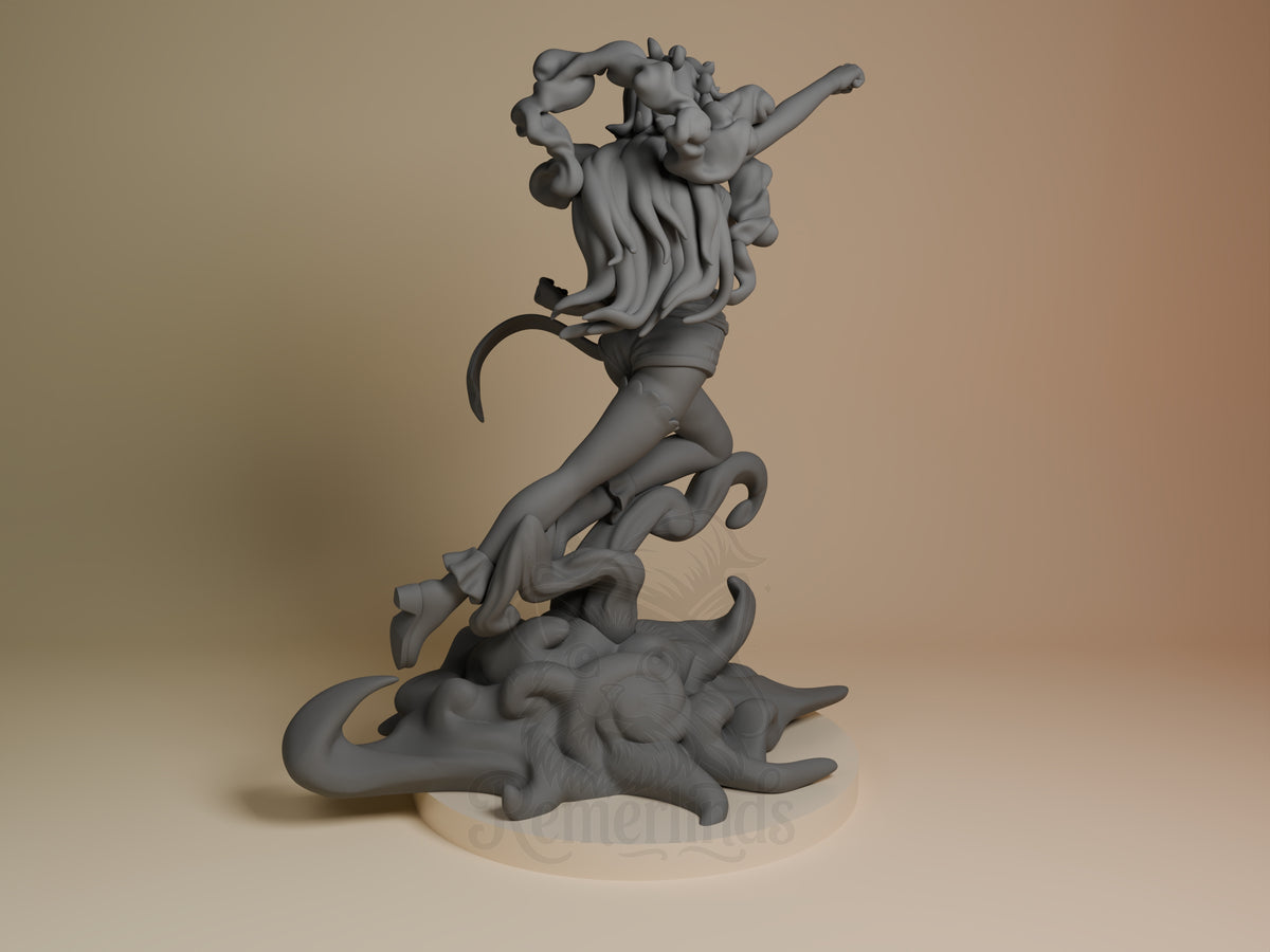 Back view of unpainted Bonney Nika resin figure from One Piece, posed above a sculpted base.