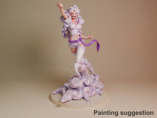 Bonney Nika resin figure from One Piece, painted in purple and white tones, posed triumphantly on a cloud-shaped base with dynamic stance and flowing ribbon detail.