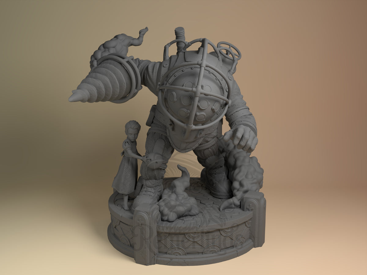 Deep Guardian & Little Gatherer Depthshock 3D printed resin figure by Nomnom, unpainted front view. This detailed resin miniature depicts the Deep Guardian in a protective, crouched pose, equipped with a large, iconic drill arm and a heavy diving suit. Beside it stands the Little Gatherer, gently reaching out, conveying their bond. The base features intricate mechanical and textured elements, including rising smoke, enhancing the depth and narrative of the composition.