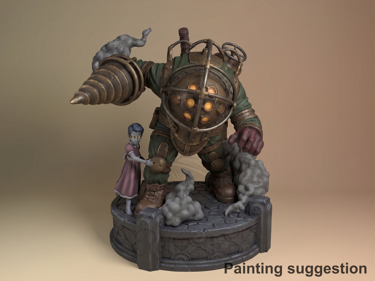 Deep Guardian & Little Gatherer Depthshock 3D printed resin figure by Nomnom, colored view.