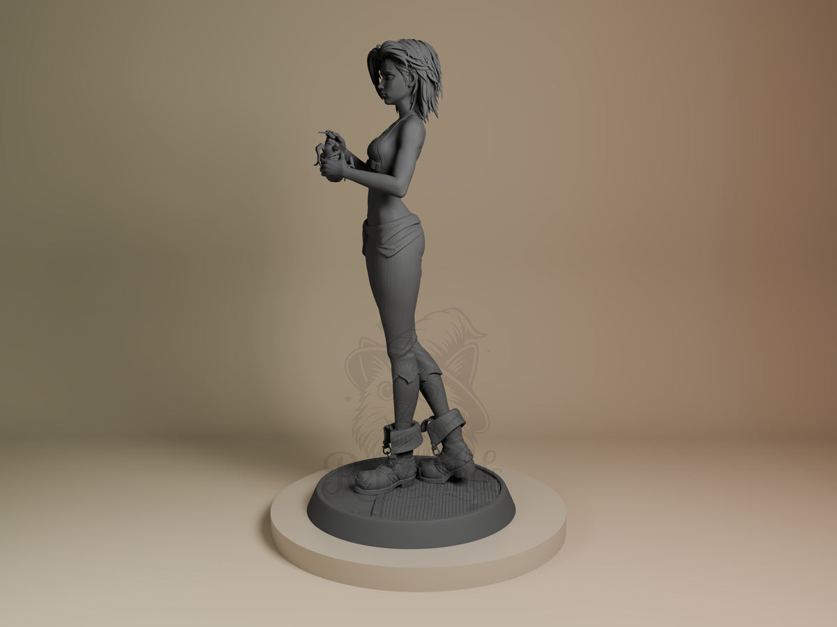 Broken Jinx resin figure from Arcane shown from side angle, unpainted gray resin with shaded base, standing pose with arms positioned at chest.