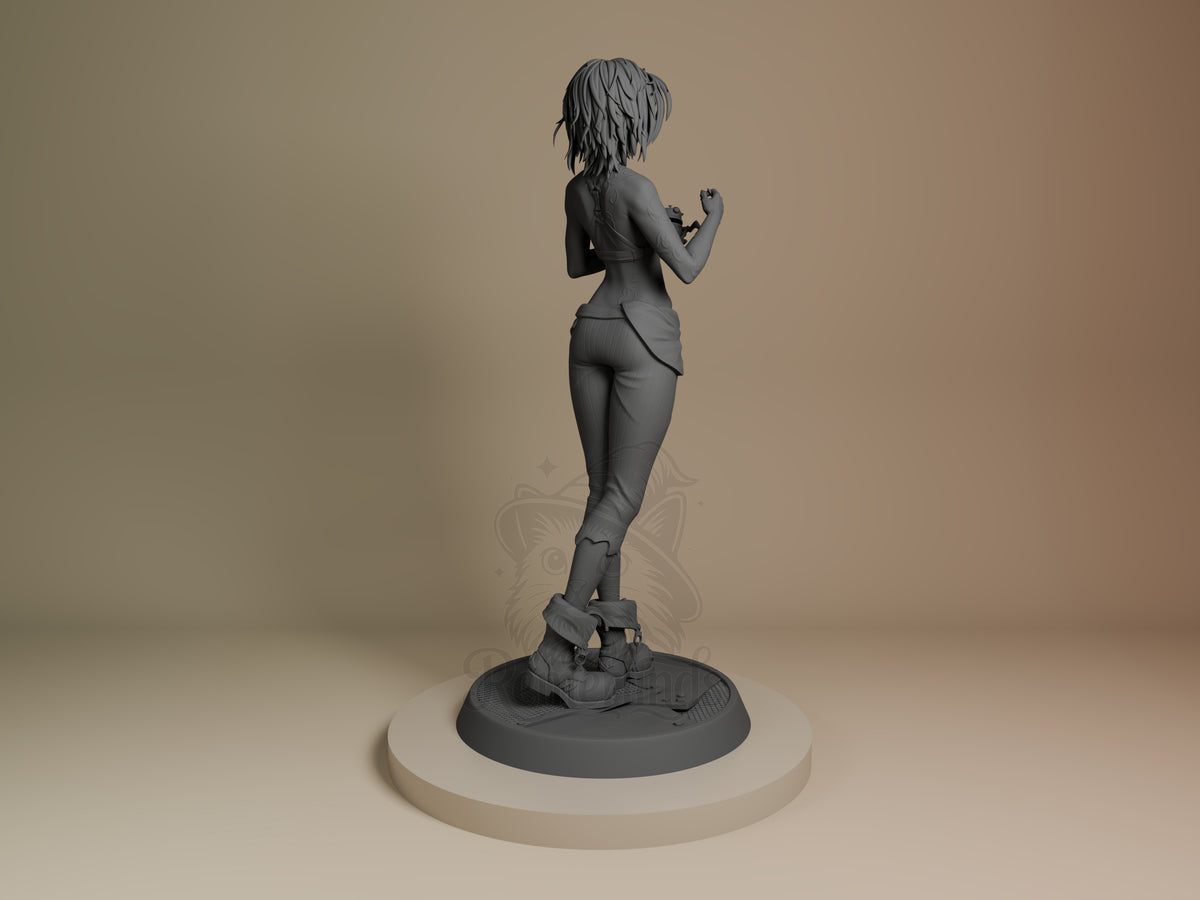 Back view of unpainted Jinx resin figure from Arcane, standing on circular base with dynamic pose and detailed hair sculpting, by Bulkamancer.