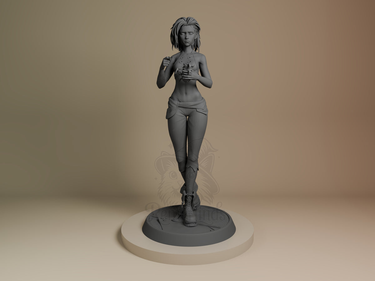 Broken Jinx resin figure from Arcane shown front-facing on circular base, unpainted gray finish, dynamic jogging pose with shoulder detail.