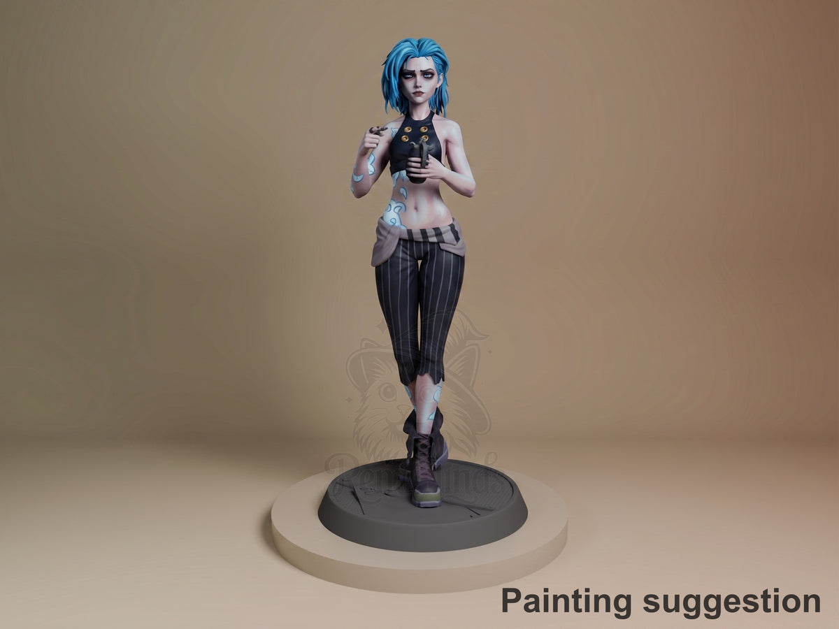 Broken Jinx resin figure from Arcane standing on base, blue hair, black studded top, pinstriped pants, arm tattoos, painted with neutral background.