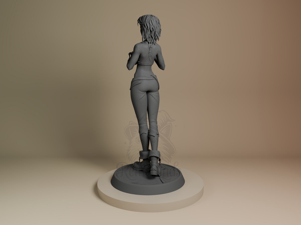 Rear view of unpainted gray Jinx resin figure from Arcane, standing on textured base, mid-length hair and tactical outfit visible.