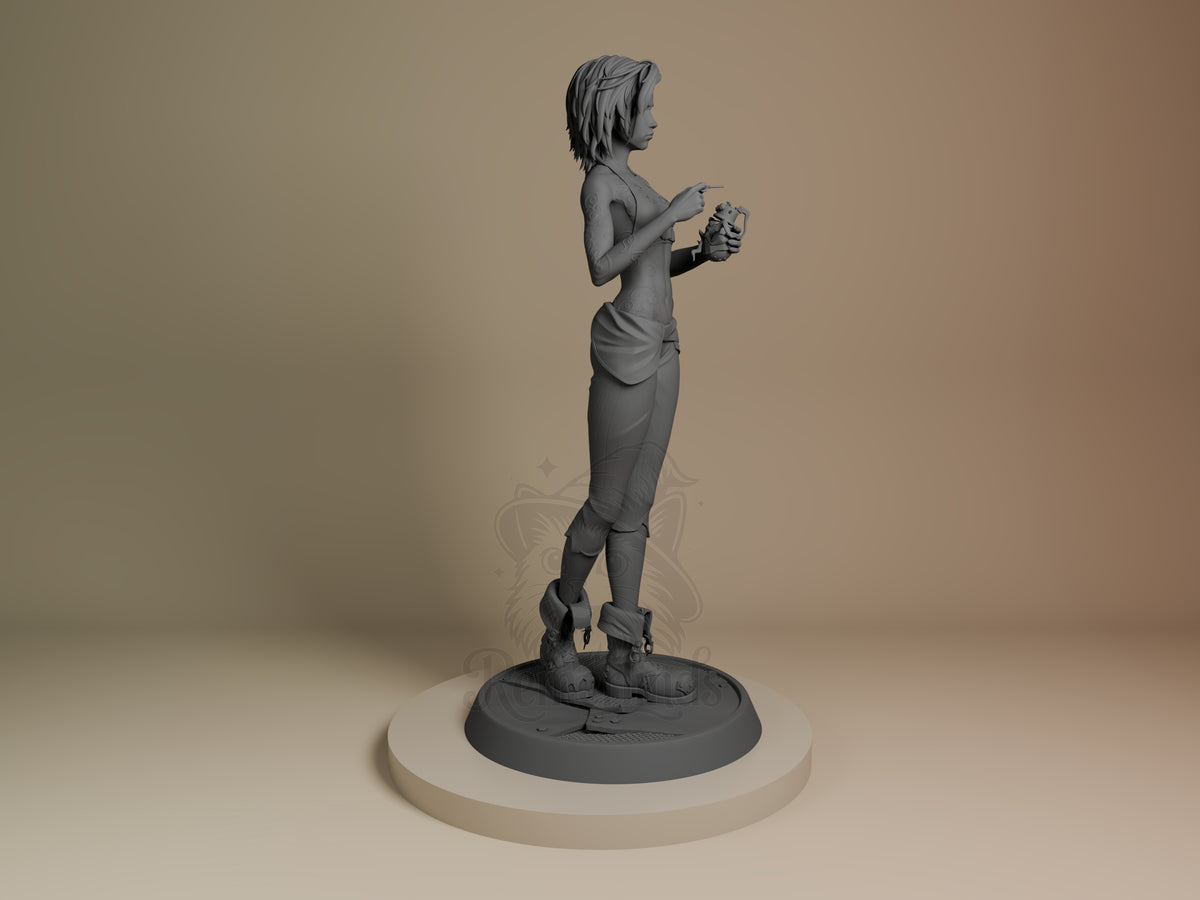 Broken Jinx resin figure from Arcane, side profile view, standing on textured base, unpainted gray finish, holding weapons, dynamic pose.
