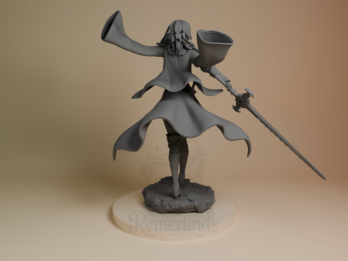 The unpainted Ashen Scholar from Fire Symbol resin figure faces away with raised arms and staff on a sculpted rocky base.
