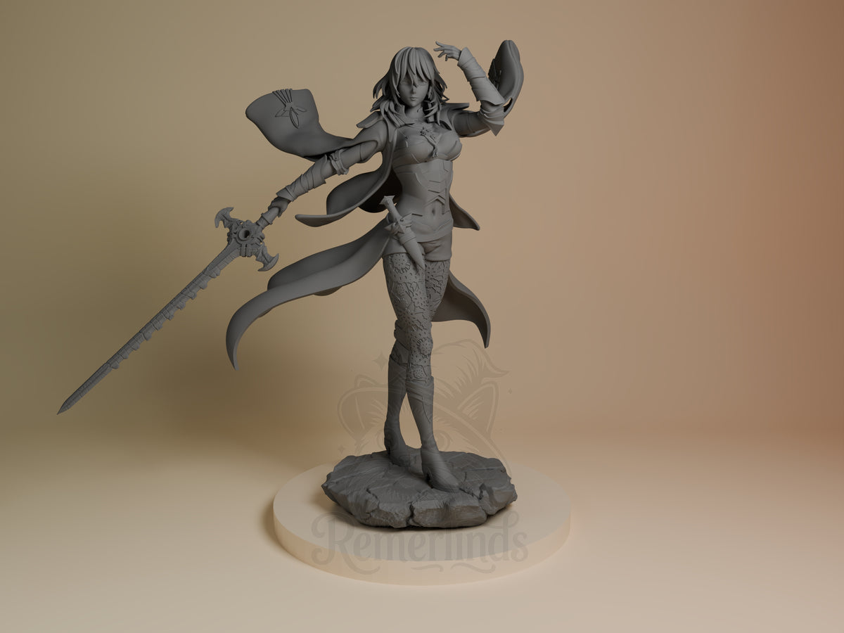 Front view of Ashen Scholar from Fire Symbol, an unpainted resin figure with sword and rocky base.