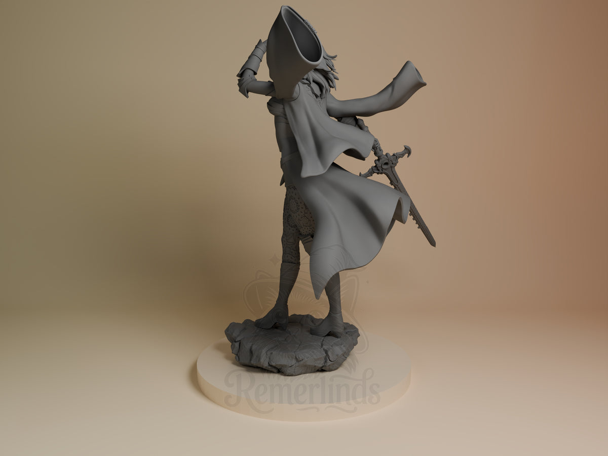Ashen Scholar from Fire Symbol is an unpainted resin figure viewed from the rear left on a sculpted rocky base.