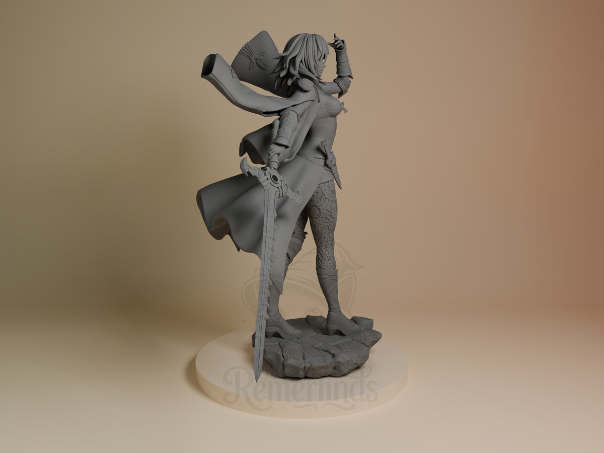 Ashen Scholar from Fire Symbol is an unpainted resin figure shown from the right, with sword on a rocky base.