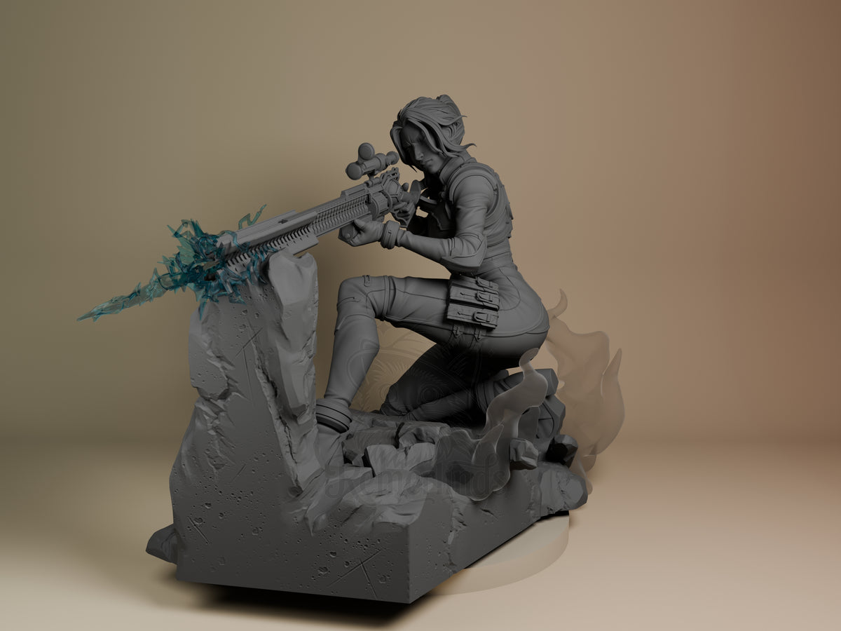 Caitlyn from Arcane resin figure in angled side view, kneeling on rocky base with rifle raised, unpainted grey with blue energy effects detail.