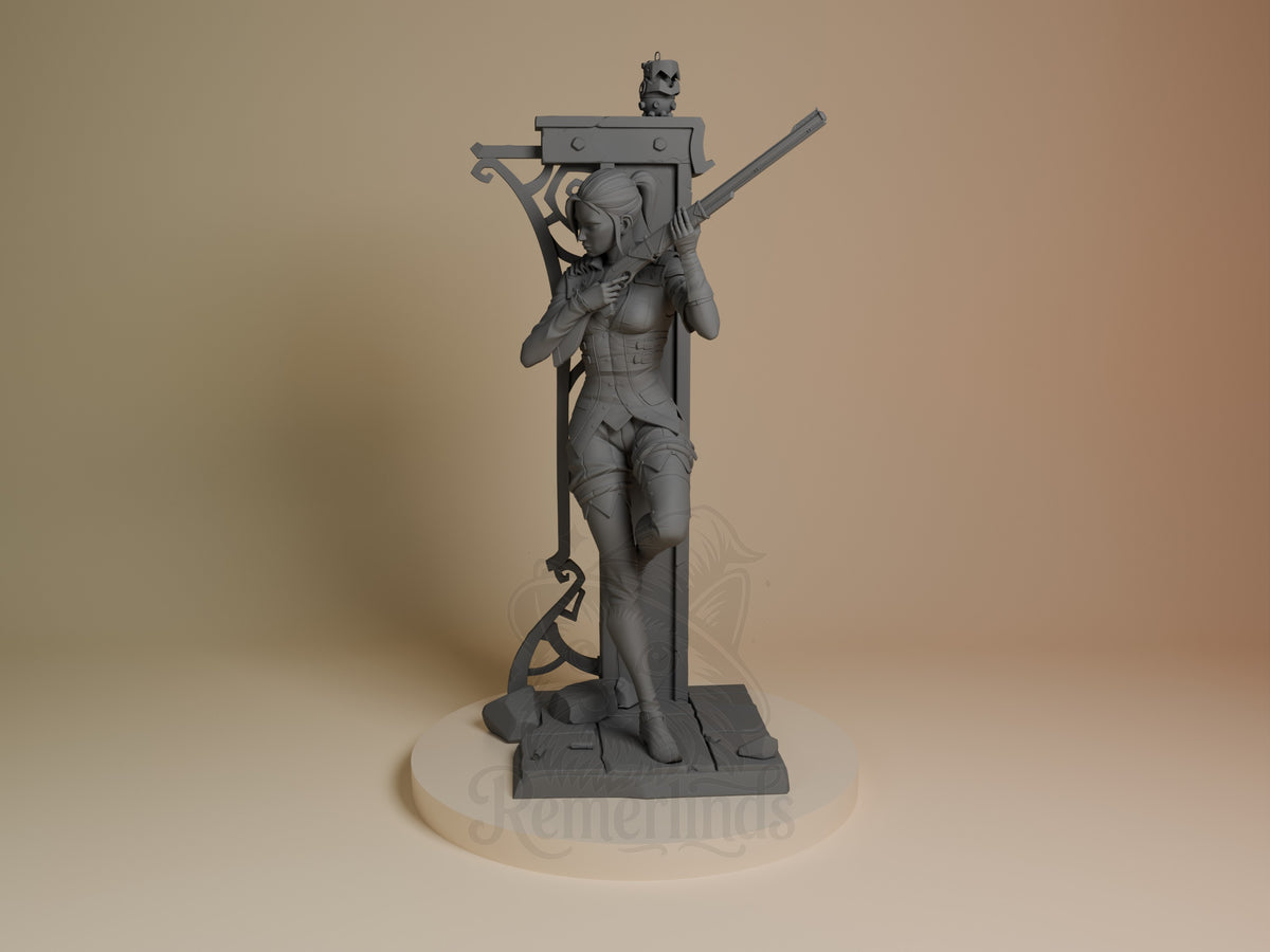 Caitlyn from Arcane is an unpainted resin figure shown at an angle with a rifle and sculpted base.
