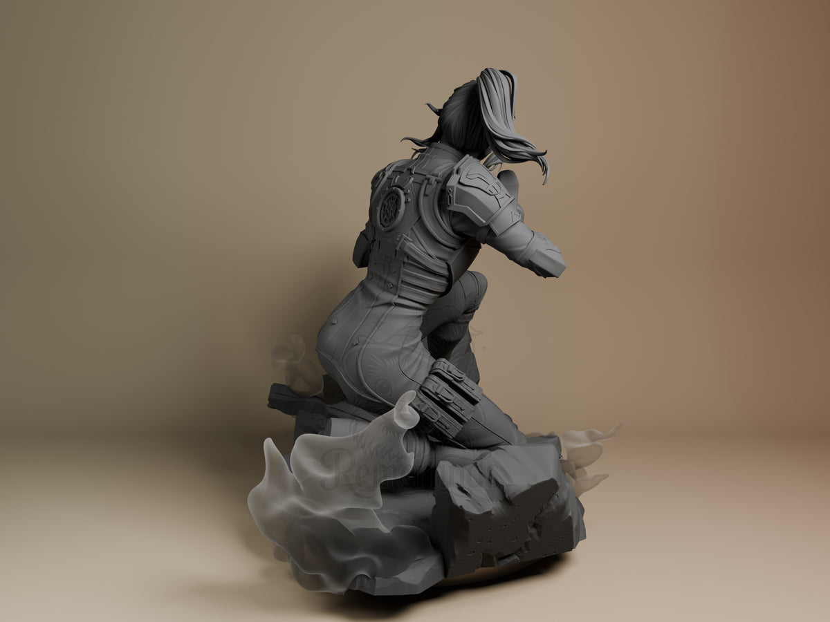 Caitlyn from Arcane resin figure shown from behind, depicting her in tactical gear with gun holster, unpainted gray finish, dynamic pose on detailed base.