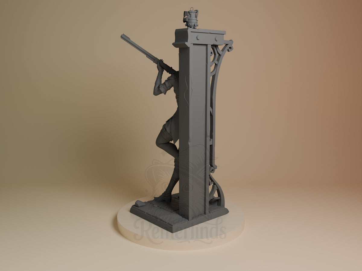 Back view of Caitlyn from Arcane, an unpainted resin figure with rifle and tall sculpted base.